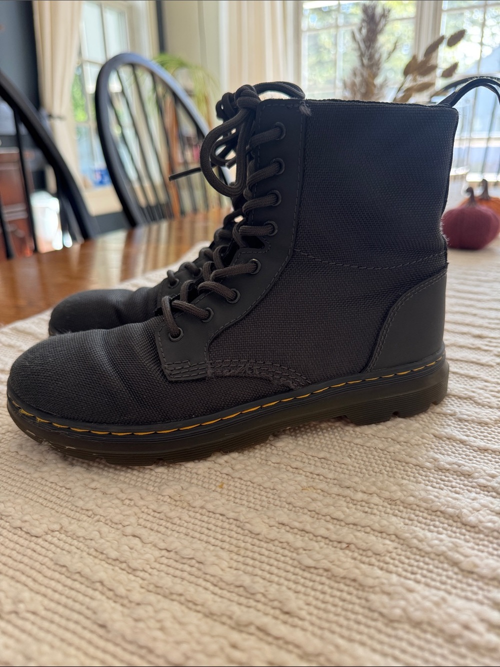 Dr. Martens Black Lace-Up Canvas Combat Boots with Yellow Stitching